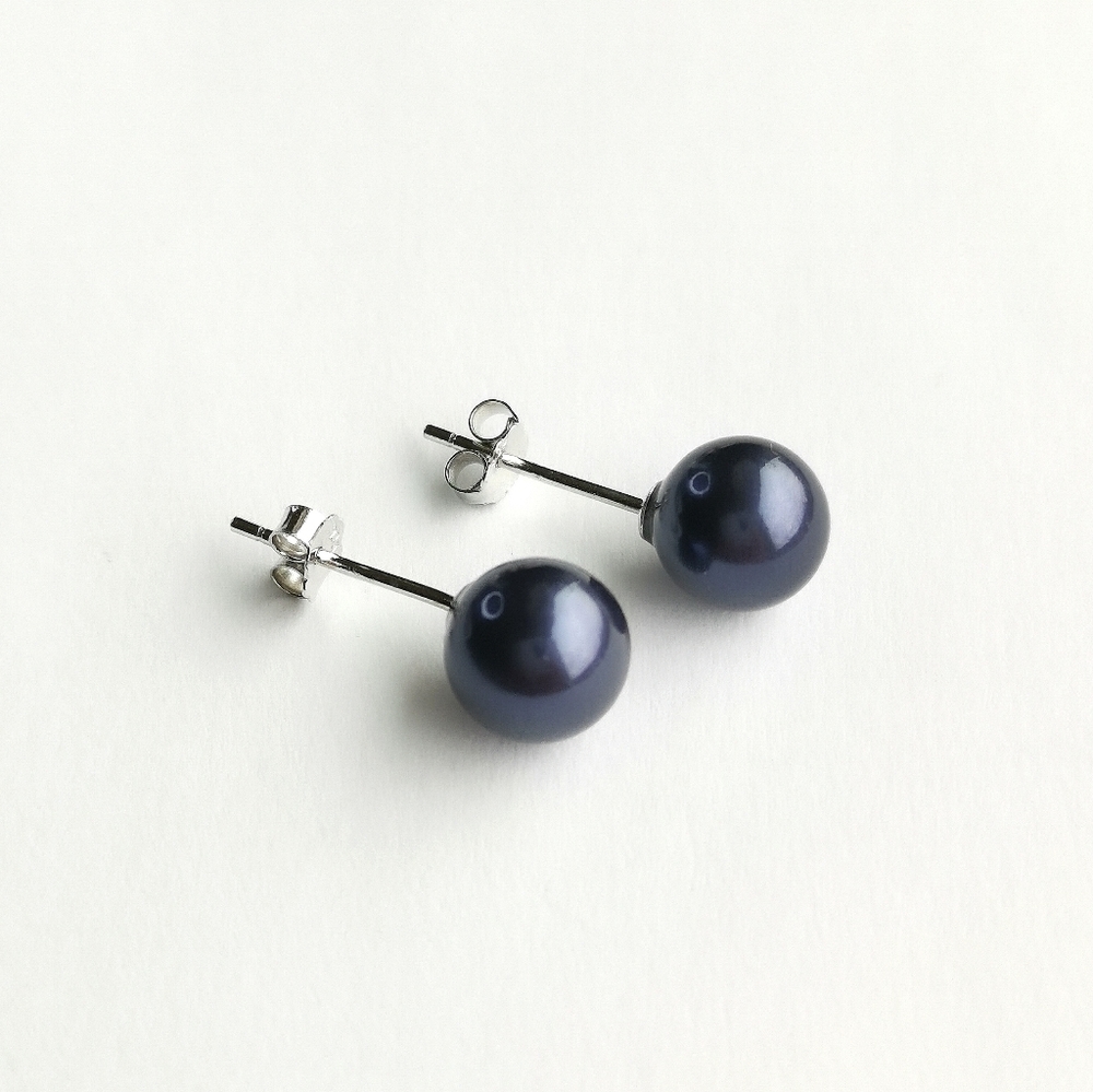 6mm Navy Blue Shell Pearl ball stud earrings Sterling Silver 🆕